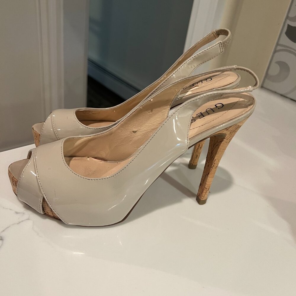 GUESS Nude Patent Slingback Peep Toe Cork Heels | Size 8.5